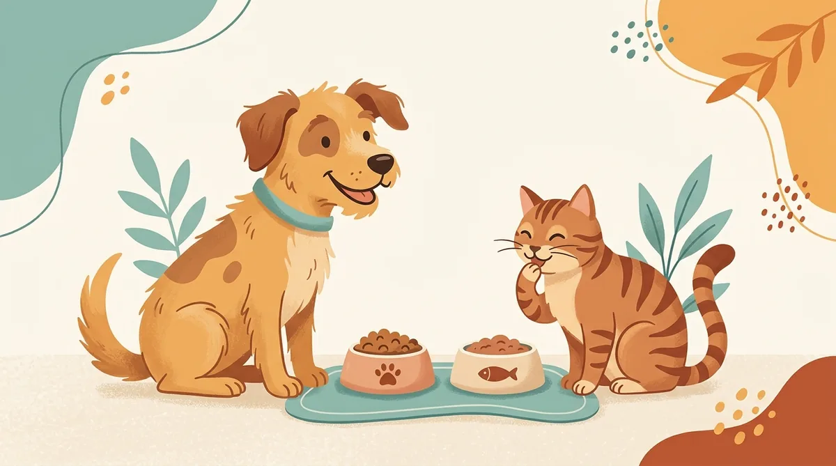 Illustrazione PappaChiara con cani e gatti di varie razze attorno alla ciotola