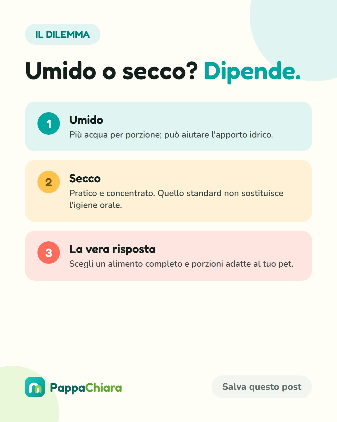 Scheda che confronta acqua, praticità e criteri di scelta di cibo umido e secco