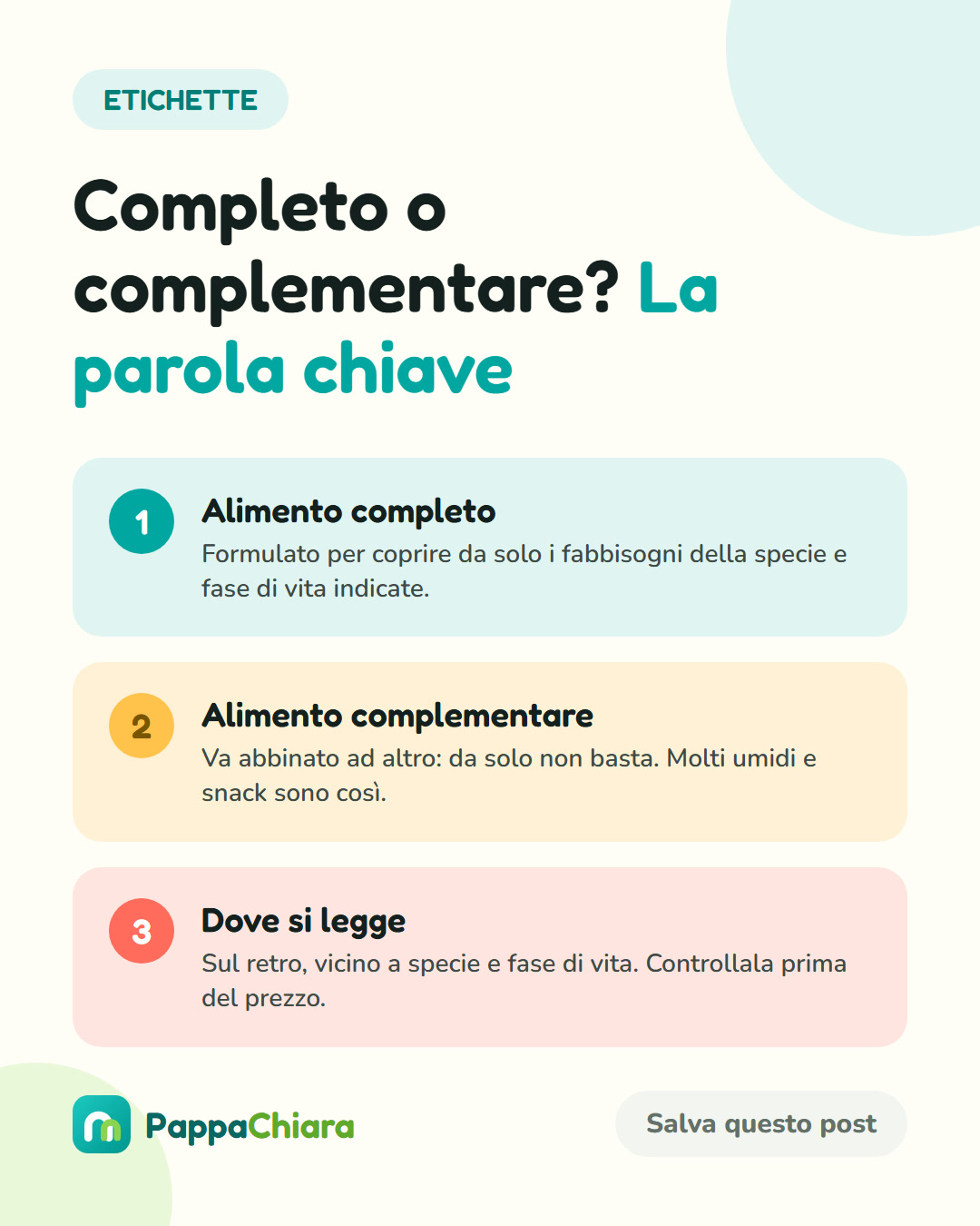 Scheda con le differenze tra alimento completo e complementare e dove leggere la dicitura